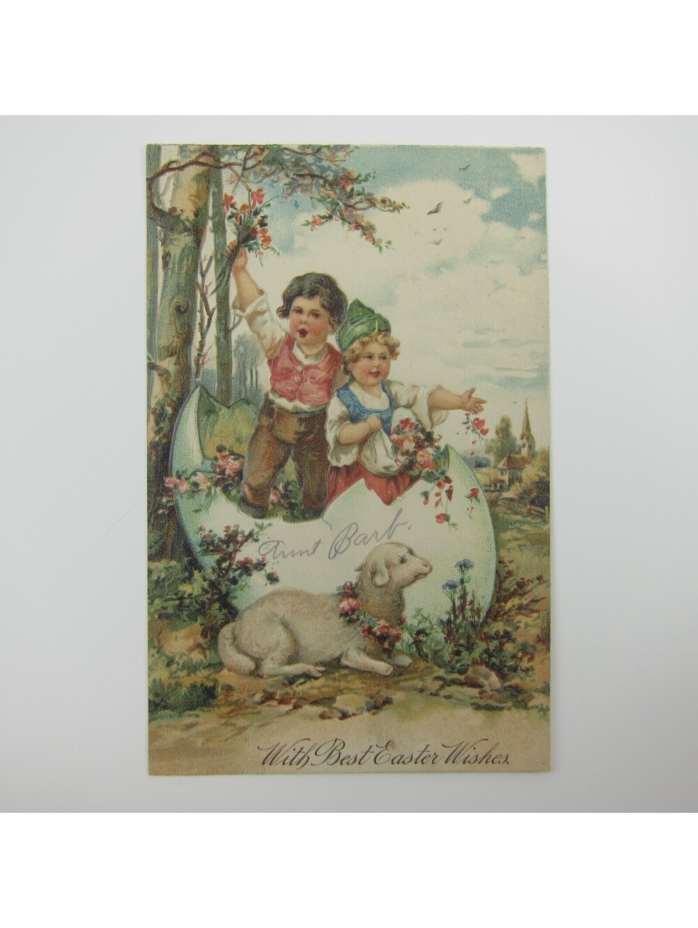Easter Postcard Boy & Girl Hatched White Egg Flowers Lamb Sheep Embossed Antique